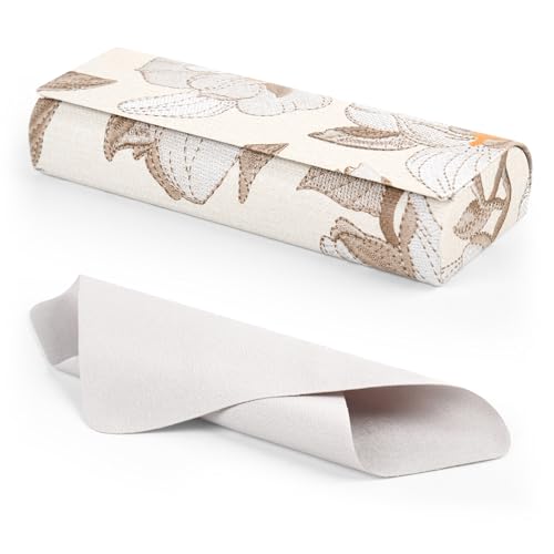 Glasses Case Hard Shell, PU Leather Floral Eyeglass Case | Sturdy Metal Frame, Secure Magnetic Closure, Compact & Lightweight, Fits Small & Slim Glasses, Cleaning Cloth Included - color: Cream