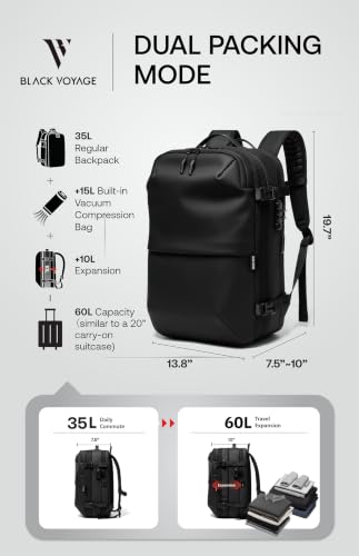 Vortex Vacuum Seal Travel Backpack 60L Expandable Air Compression System Water Resistant TSA Lock Carry-On - color: Black