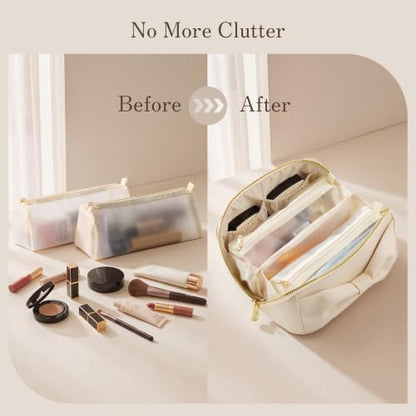 SHOWKOO Cosmetic Bag for Women, WideOpen Travel Makeup Bag with Compartment - color: Beige