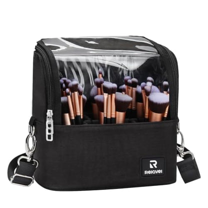 Makeup Brush Bag, Stand-up Makeup Brush Holder with Adjustable Divider - color: A1-Black, size: 1-Large
