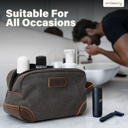 emissary Men's Canvas Travel Toiletry Bag, Leather Dopp Kit - Gray - color: Gray