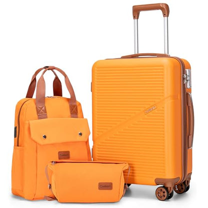 Cosbarn Carry On Luggage,3 Piece Suitcase Set,22x14x9 Airline Approved - color: Orange, style: Carry on Luggage With Backpack