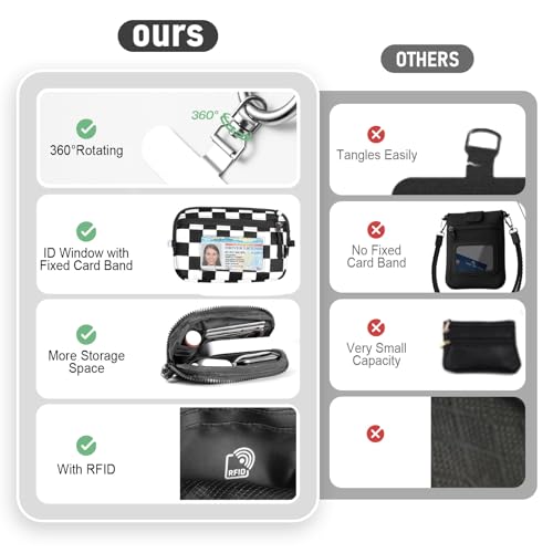 Tiostep Clip and Go Strap for Phone with Wallet Crossbody Phone Lanyard Adjustable and Detachable RFID Wristlet Wallet (Black White Checkered, Medium) - color: Black White Checkered, size: Medium