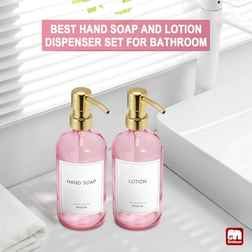 GMISUN Pink Soap Dispenser Bathroom, 2 Pack Kitchen Hand and Dish Soap Dispensers Set, 17 Fl Oz Pink Glass Soap Dispenser with Gold Pump, Refillable Modern Farmhouse Liquid Soap Pump Bottles - color: Pink Bottle + Golden Pump, size: 2 Pack