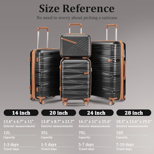 TRAVELEO Luggage Sets 6 Piece Expandable Suitcase (20/24/28), Cosmetic Case - color: Black, size: 6 Piece Set (14in/20in/24in/28in/DB/TB)