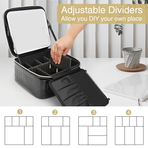 Relavel Makeup Train Case With LED Mirror, Removable Partitions Bag - color: 02-Glossy Black, size: 1-Small