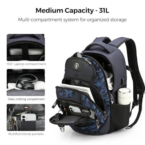 Swissdigital Design Laptop Backpack for Men with USB Charging Port SD803-92 - color: Blue Camo