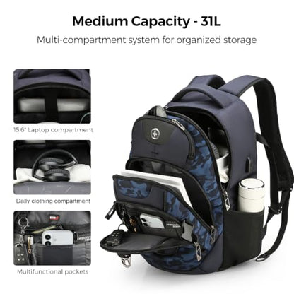 Swissdigital Design Laptop Backpack for Men with USB Charging Port SD803-92 - color: Blue Camo