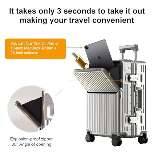 Carry on suitcase Zipperless Luggage,Polycarbonate Aluminum Hard Shell, Expandable Carry-On Suitcase with Spinner Wheels, 26 Inch Cabin - color: silver, size: 26 inch