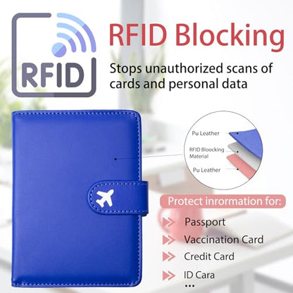 Passport Holder, Cute Travel Wallet Cover with RFID Blocking,Blue | PU leather travel wallet with magnetic closure, card slots, pen loop, and easy access for passports and essentials. - color: T-Blue