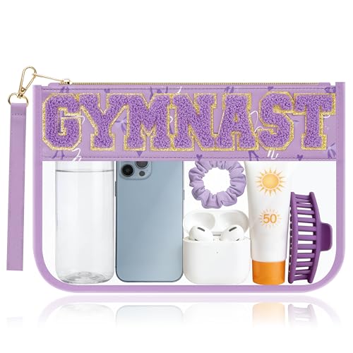 BuyCard Gymnastics Gifts Cosmetic Makeup Bag with Chenille Letter Patch, Clear Pouch PVC Organizer Purse, Waterproof Travel Bag, Portable Toiletry Storage Bag for Her Girls Friends Women - color: Purple-Gymnast