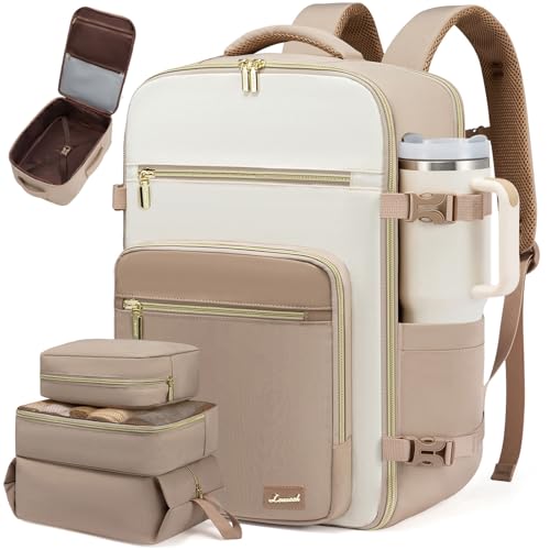 LOVEVOOK Travel Backpack For Women,50L Carry On TSA Personal Item Bag - color: Off-white and Khaki, size: 18 Inch-50L-4Pcs