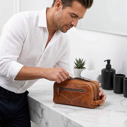HomeWetBar Personalized Leather Toiletry Bag for Men, With with Waterproof Compartments, Custom Shaving, Travel Dopp Kit, Grandpa, Dad, Husband, Father, Him, Boyfriend