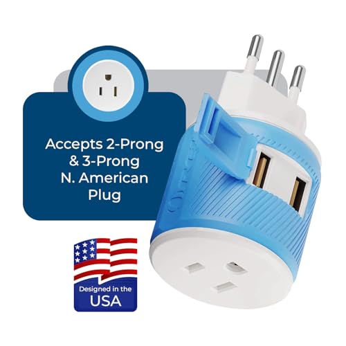 OREI Type L Travel Adapter with Dual USB – Italy, Chile & Uruguay, Blue - style: Type L - Italy