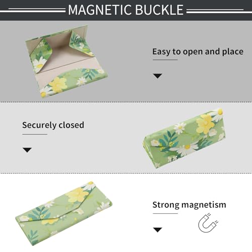 Foldable Glasses Case, Magnetic PU Leahter Sunglasses Case, Cute Hard Shell Folding Eyeglass Cases for Women Kids - color: Green Daisy