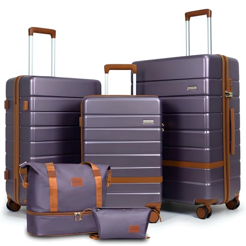 5-Piece Luggage Set for Family Travel: Lightweight Hardshell Suitcases (20/24/28 Inch, Plus Underseat & Tote) | 8 Spinner Wheels, TSA Lock & YKK Zippers | Durable PC+ABS Construction in Purple - color: Purple, size: 5 piece set (20"/24"/28")