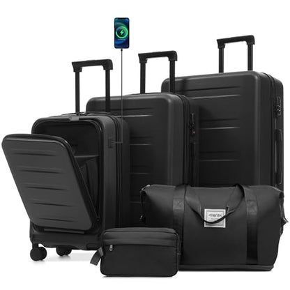 Merax 5 Piece Luggage Set,Front Opening Hardside Suitcase Set.Black - color: Black, size: 5 Piece(20/24/28/DB/TB)
