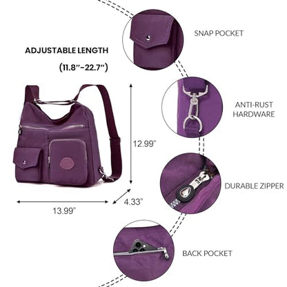 Hobo Purse for Women, Nylon Crossbody Shoulder Handbag Convertible Backpack - color: Purple