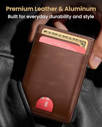 Wallet for Men Card Holder: Pop Up Card Case, Genuine Leather, Smart, RFID Blocking, Slim, Minimalist, Thin, Front Pocket - 12 Card Capacity, ID Window, Money Clip (Brown) - color: Brown