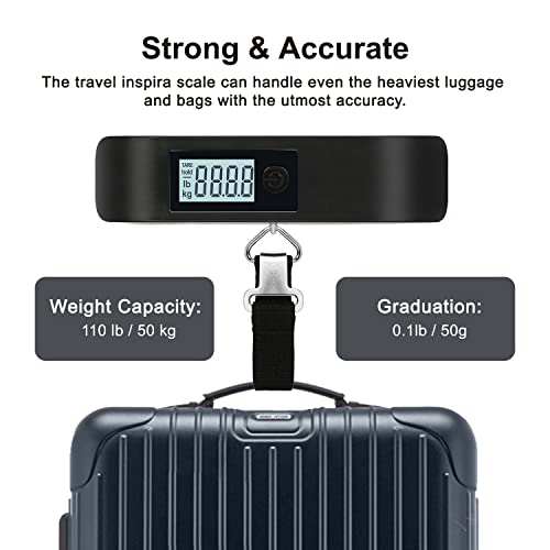 travel inspira Luggage Scale, Portable Digital Hanging Baggage Scale for Travel, Suitcase Weight Scale with Rubber Paint, 110 Pounds, Battery Included - color: Black