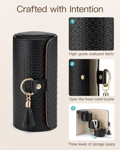VLANDO Travel Jewelry Organizer, 3 Tier Roll Up Design, Hard Shell Storage - color: A.Black