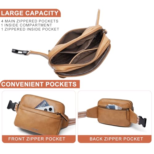 LATMAP 3L Fanny Packs Belt Bag for Women Small Everywhere Crossbody Bag Waist Packs Faux Leather Sling Chest Travel Purse - color: 1-Tan