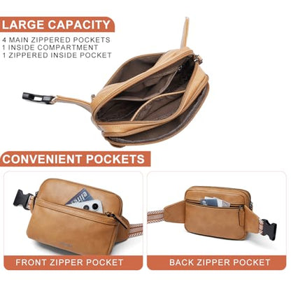 LATMAP 3L Fanny Packs Belt Bag for Women Small Everywhere Crossbody Bag Waist Packs Faux Leather Sling Chest Travel Purse - color: 1-Tan