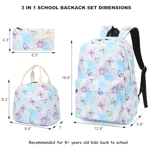 Fuyicat School Backpack Set for Girls, 3-in-1 Kids Teens Elementary Middle School Bags Bookbag with Lunch Bag Pencil Case - color: Marble Butterfly Blue