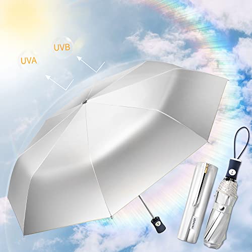 FDJASGY Silver Coating Layer Fabric Blocking UV 99.9% Sun Umbrella Compact Folding Travel Umbrella Automatic Folding Windproof Umbrellas For Men and Women (Beige) - color: Beige