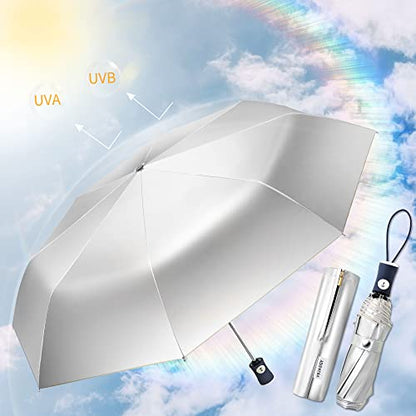 FDJASGY Silver Coating Layer Fabric Blocking UV 99.9% Sun Umbrella Compact Folding Travel Umbrella Automatic Folding Windproof Umbrellas For Men and Women (Beige) - color: Beige