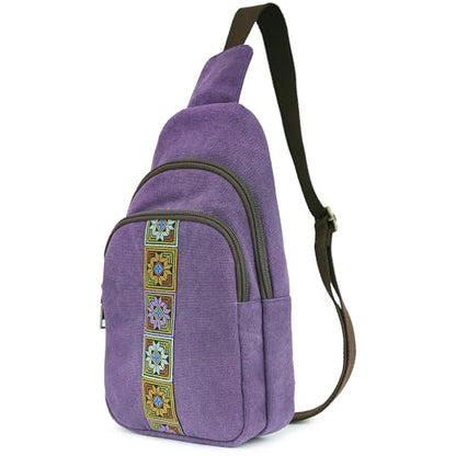 SILKAREA Canvas Sling Bag for Wome Crossbody Purse Small Sling Backpack Purse Travel Hiking Chest Bag Daypack - color: Purple