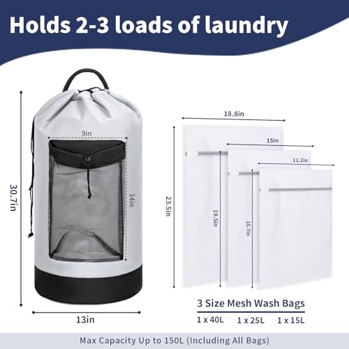 150L Laundry Bag Backpack with 3 Sizes Mesh Wash Bags and Shoulder Straps - color: White, size: 150L