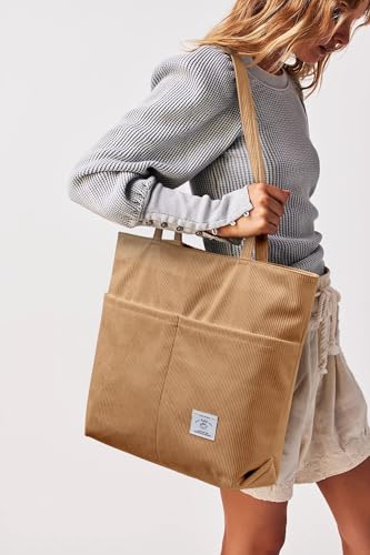 KALIDI Women Corduroy Tote Bag Zipper Casual Tote's Handbag Big Capacity Shoulder Bag with Pockets - color: D-brown