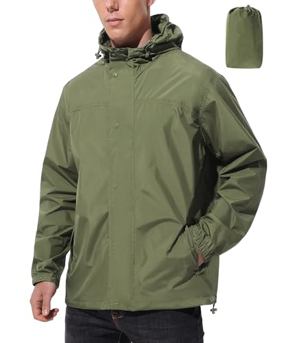 UIQUR Mens Lightweight Packable Waterproof Rain Jacket Windbreaker - color: Army Green, size: Medium