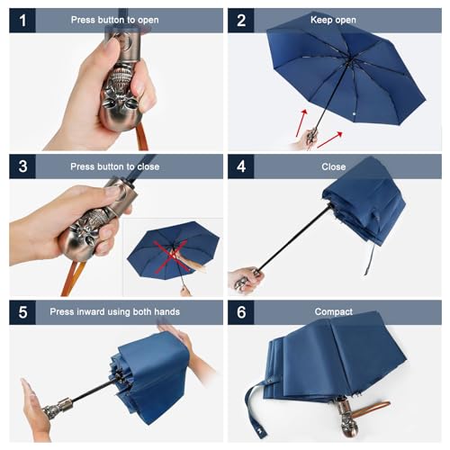 Skull Handle Windproof Travel Umbrella Compact Portable, Auto Open Close - color: 05.Blue