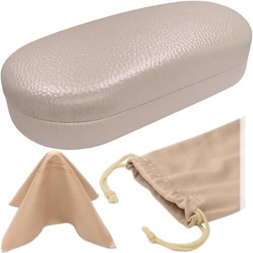 MyEyeglassCase - Large Sunglasses Case - Hard Glasses Case Holder w/Pouch & Cloth - Eyeglass Case Aviator Frames Men & Women - color: Cream Pearl