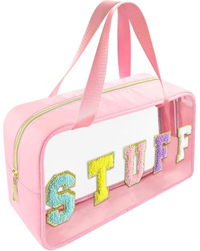 Bunliuys Chenille Letter Clear Makeup Bag Stuff Patch, Travel Toiletry Makeup Bag with Handle, Nylon Waterproof Makeup Bags clear cosmetic bag, preppy patch makeup bag for Women (STUFF-Pink) - color: Pink3