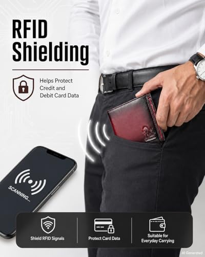 Men's Cowhide Leather RFID Wallet, Slim Bifold (Red) - color: Red