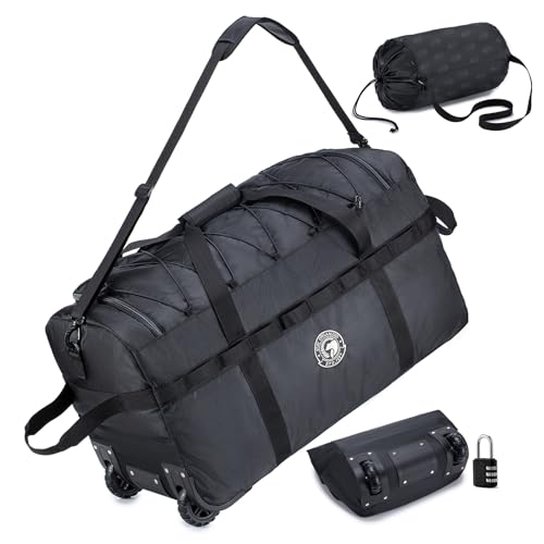 Foldable Travel Duffle Bag with Wheels and Handle Large 100L XL Rolling Travelling Duffel Bags Waterproof Oxford Carry On Hand Luggage Deployment Bag With Storage Bag & Combination Padlock - color: Black