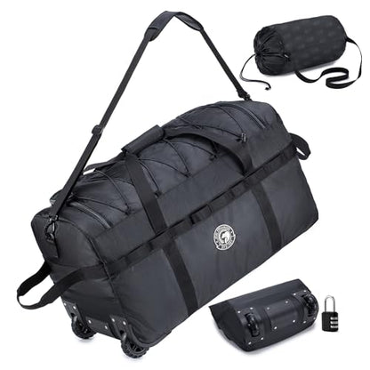 Foldable Travel Duffle Bag with Wheels and Handle Large 100L XL Rolling Travelling Duffel Bags Waterproof Oxford Carry On Hand Luggage Deployment Bag With Storage Bag & Combination Padlock - color: Black