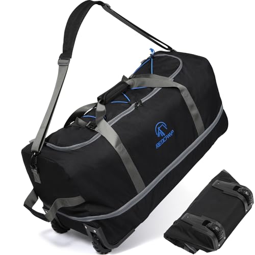 REDCAMP 85L/120L/140L Foldable Duffle Bag with Wheels, Large Travel Duffel Bag - color: 140L Black with Blue Elastic Straps