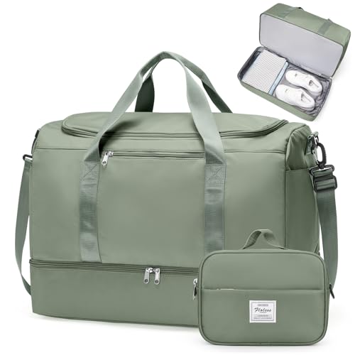 Travel Duffle Bag with Shoes Compartment,Carry-On Weekender Bags for Women - color: Olive Green with Toiletry Bag, size: Large