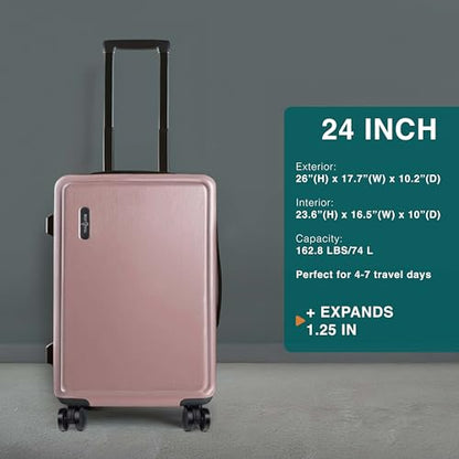TRAVELARIM 24 Inch Checked Luggage with Spinner Wheels, Medium Suitcase | Expandable, Durable Hard-Shell, Scratch-Resistant, 360° Spinner Wheels, TSA Lock, Travel-Friendly, Pink - color: Pink, size: Medium 24-Inch Checked