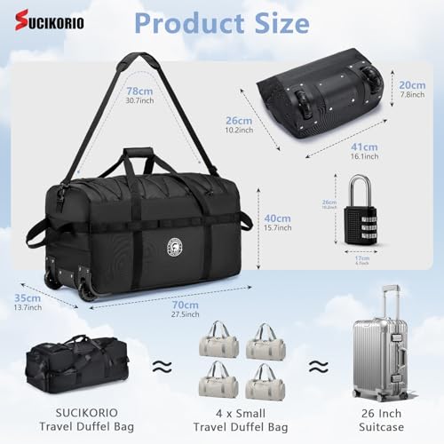 Foldable Travel Duffle Bag with Wheels and Handle Large 100L XL Rolling Travelling Duffel Bags Waterproof Oxford Carry On Hand Luggage Deployment Bag With Storage Bag & Combination Padlock - color: Black