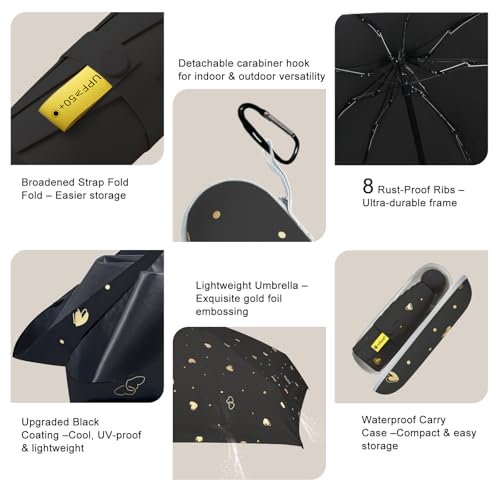 Mini Travel Umbrella, UPF 50+ Purse Umbrella with Case and Carabiner - color: Black with Heart-8 Ribs