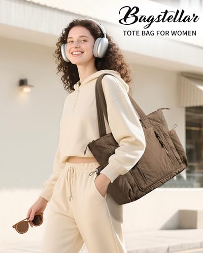 Bagstellar Puffer Tote Bag for Women, Lightweight Puffy Work Laptop Handbag - color: Dark Khaki