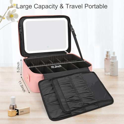 Chomeiu Makeup Bag with LED Mirror, Large Cosmetic Bag with Shoulder Strap - color: 01-Pink, size: Large