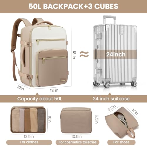 LOVEVOOK Travel Backpack For Women,50L Carry On TSA Personal Item Bag - color: Off-white and Khaki, size: 18 Inch-50L-4Pcs