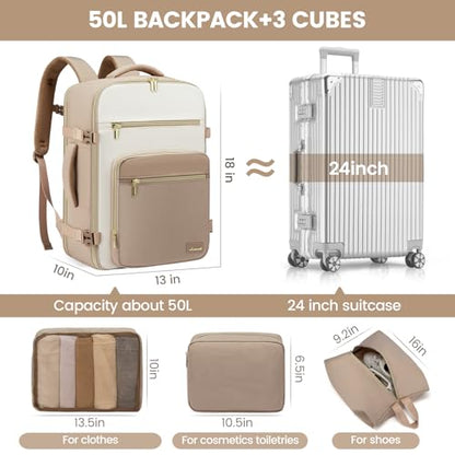 LOVEVOOK Travel Backpack For Women,50L Carry On TSA Personal Item Bag - color: Off-white and Khaki, size: 18 Inch-50L-4Pcs
