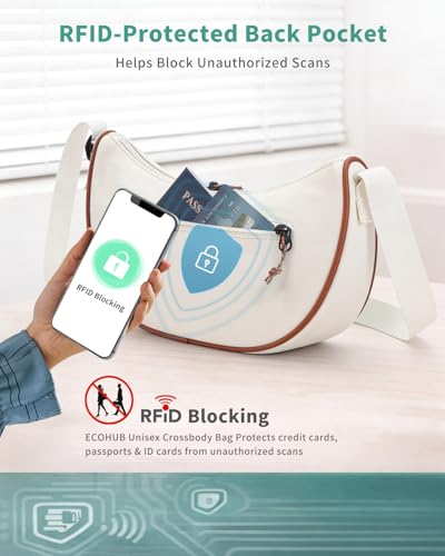 ECOHUB Anti Theft Crossbody Bag for Women & Men, Lightweight Nylon Crescent Shoulder Bag with RFID Pocket, Adjustable Strap - color: Beige